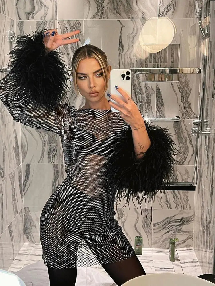 Black Women's Sequin Mini Party Dress — Maelle Feather Trim Bodycon - Mirror Selfie