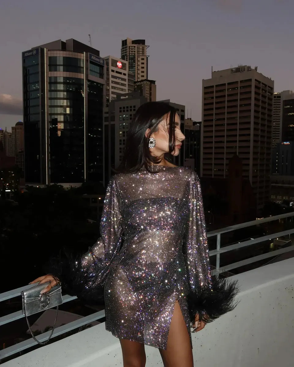 Black Women's Sequin Mini Party Dress — Maelle Feather Trim Bodycon - Side Pose
