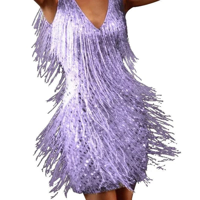 Xl Women's Sequin Fringe Cocktail Dress — Ruby V-Neck Tassel Party - Side Pose
