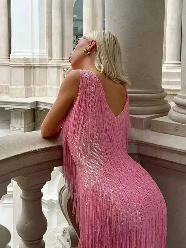 Pink Women's Sequin Fringe V-Neck Mini Evening Dress — Elle Tiered Cocktail Sparkle - Back Pose