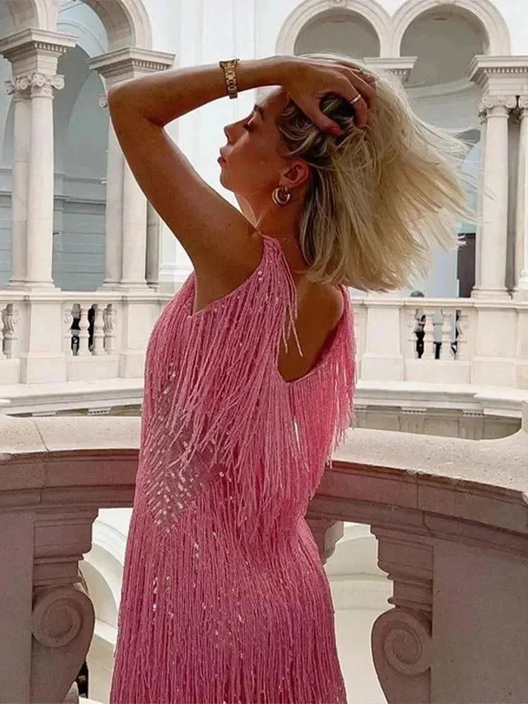 Pink Women's Sequin Fringe V-Neck Mini Evening Dress — Elle Tiered Cocktail Sparkle - Side Profile