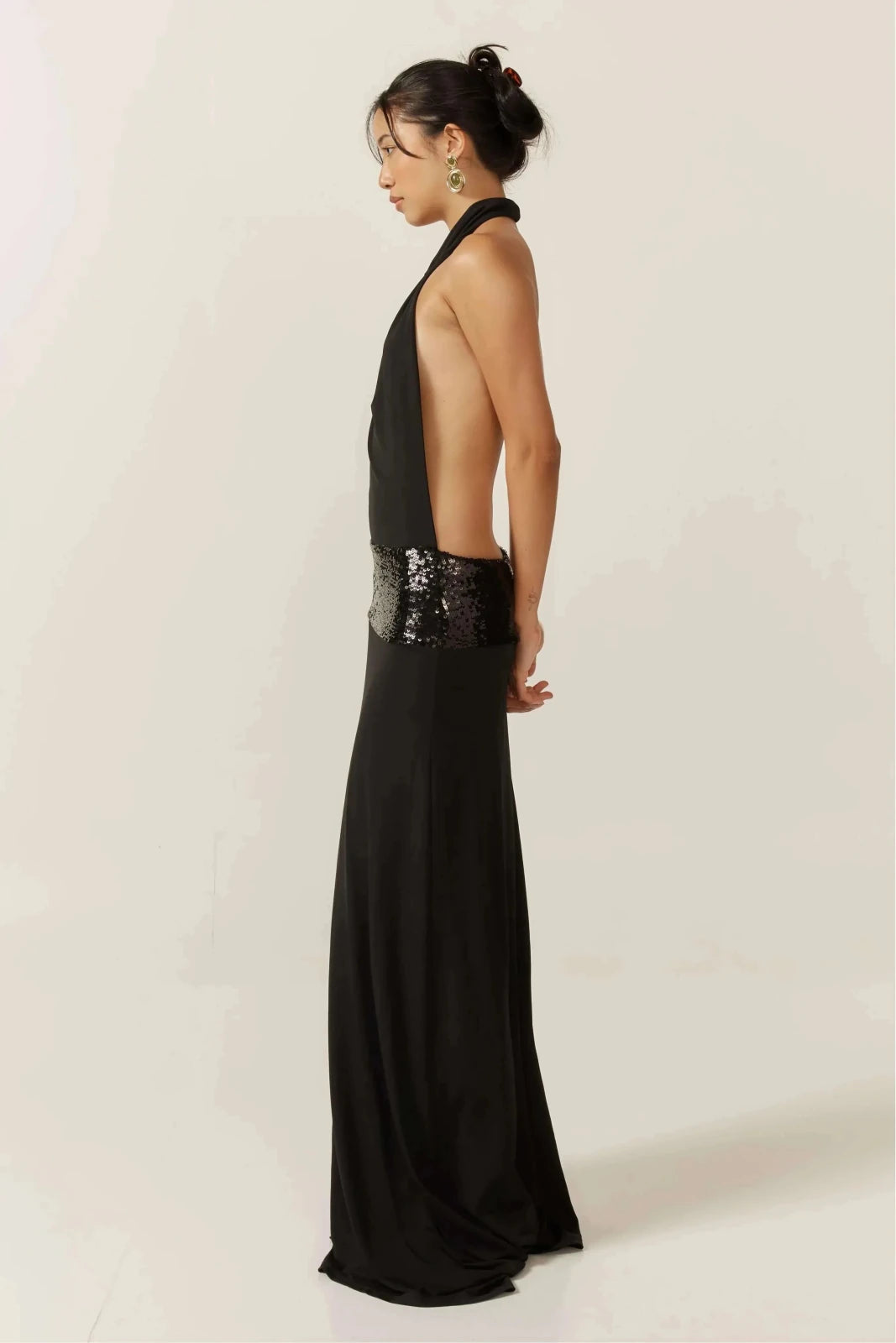 Rhea | Elegant Sequin Waist Halter Neck Dress - Black - 3