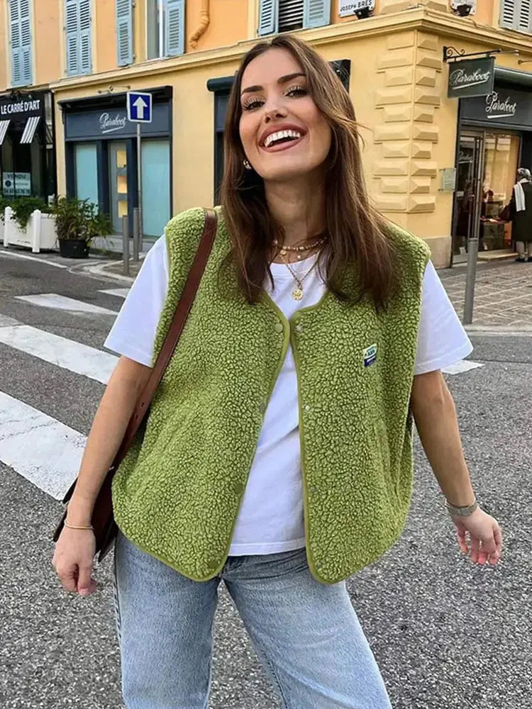 Green Women's Wool Vest — Rosalia Button-Front Sherpa Fleece - Front Detail