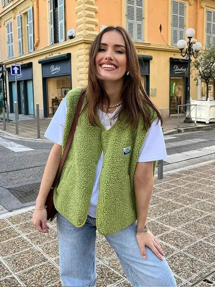 Green Women's Wool Vest — Rosalia Button-Front Sherpa Fleece - Front Full