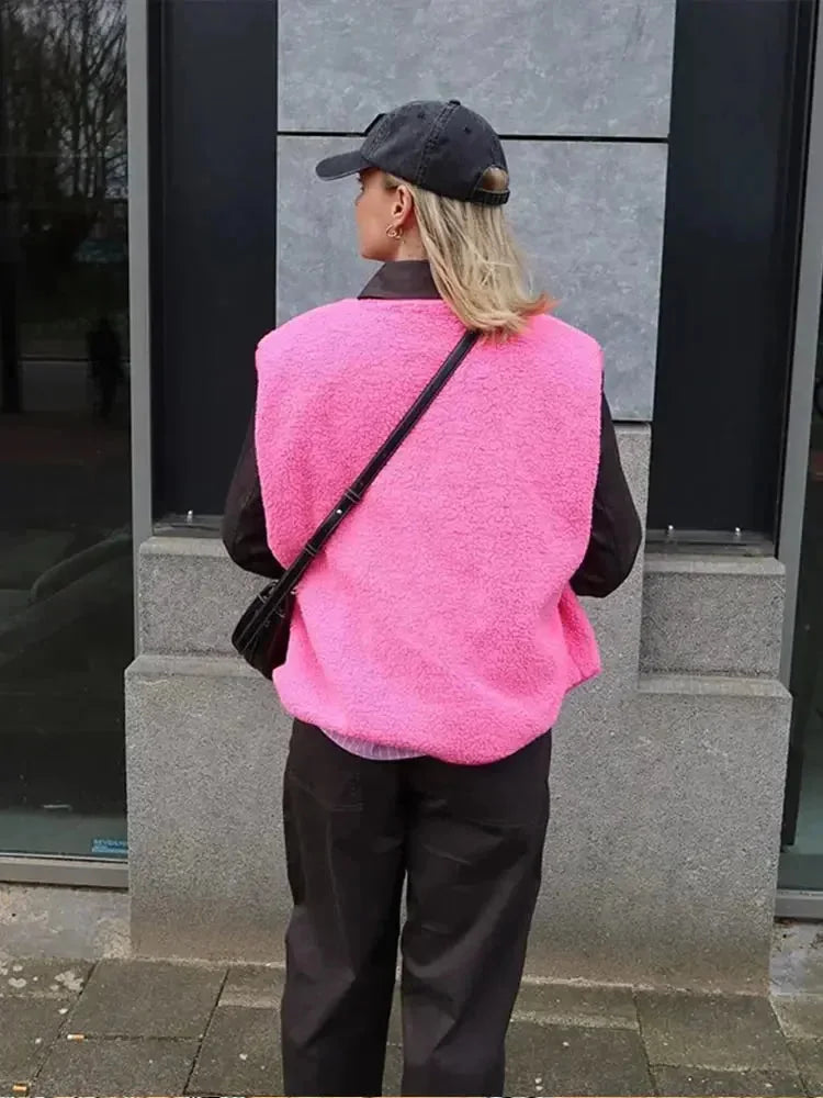 Hot Pink Women's Wool Vest — Rosalia Button-Front Sherpa Fleece - Back Full