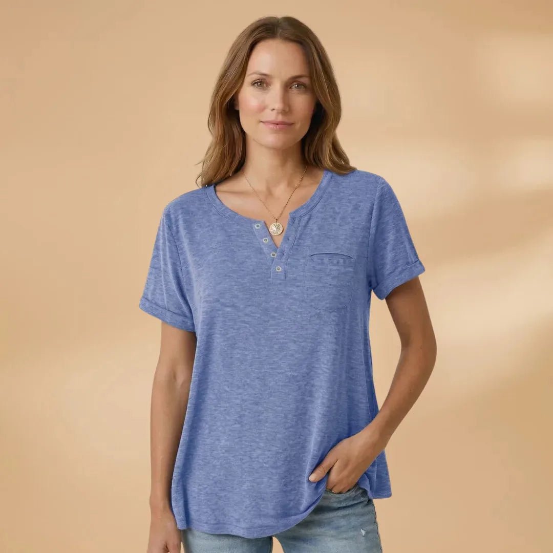 Vivienne | Short Sleeve Henley T-Shirt with Pocket Detail - Blue - 14