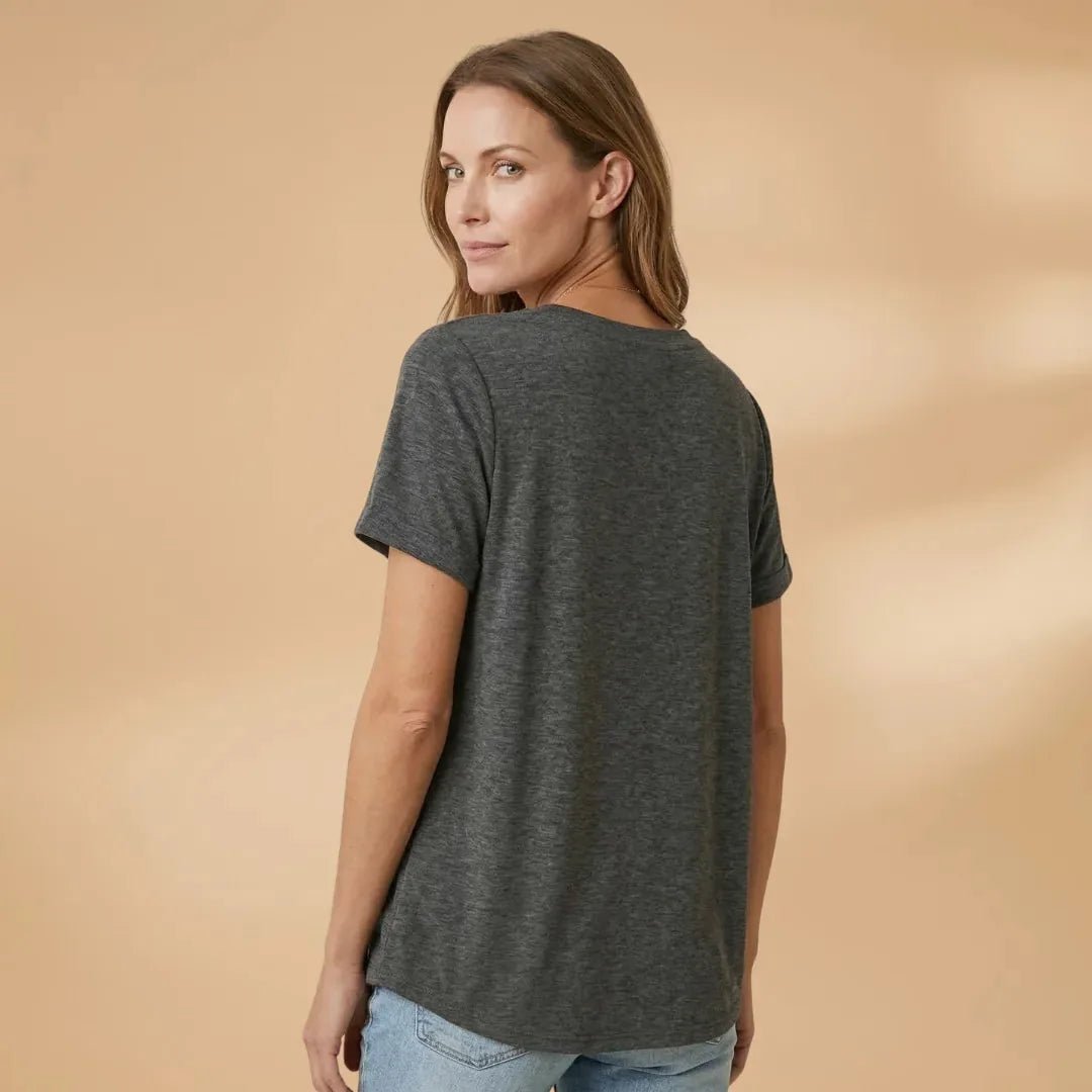 Vivienne | Short Sleeve Henley T-Shirt with Pocket Detail - Dark Gray - 3