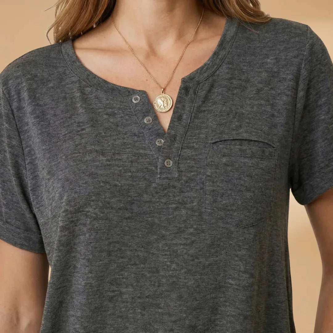 Vivienne | Short Sleeve Henley T-Shirt with Pocket Detail - Dark Gray - 4