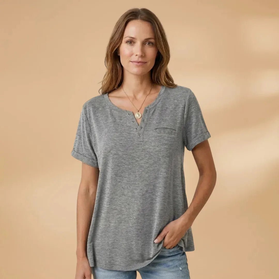Vivienne | Short Sleeve Henley T-Shirt with Pocket Detail - Dark Gray - 6