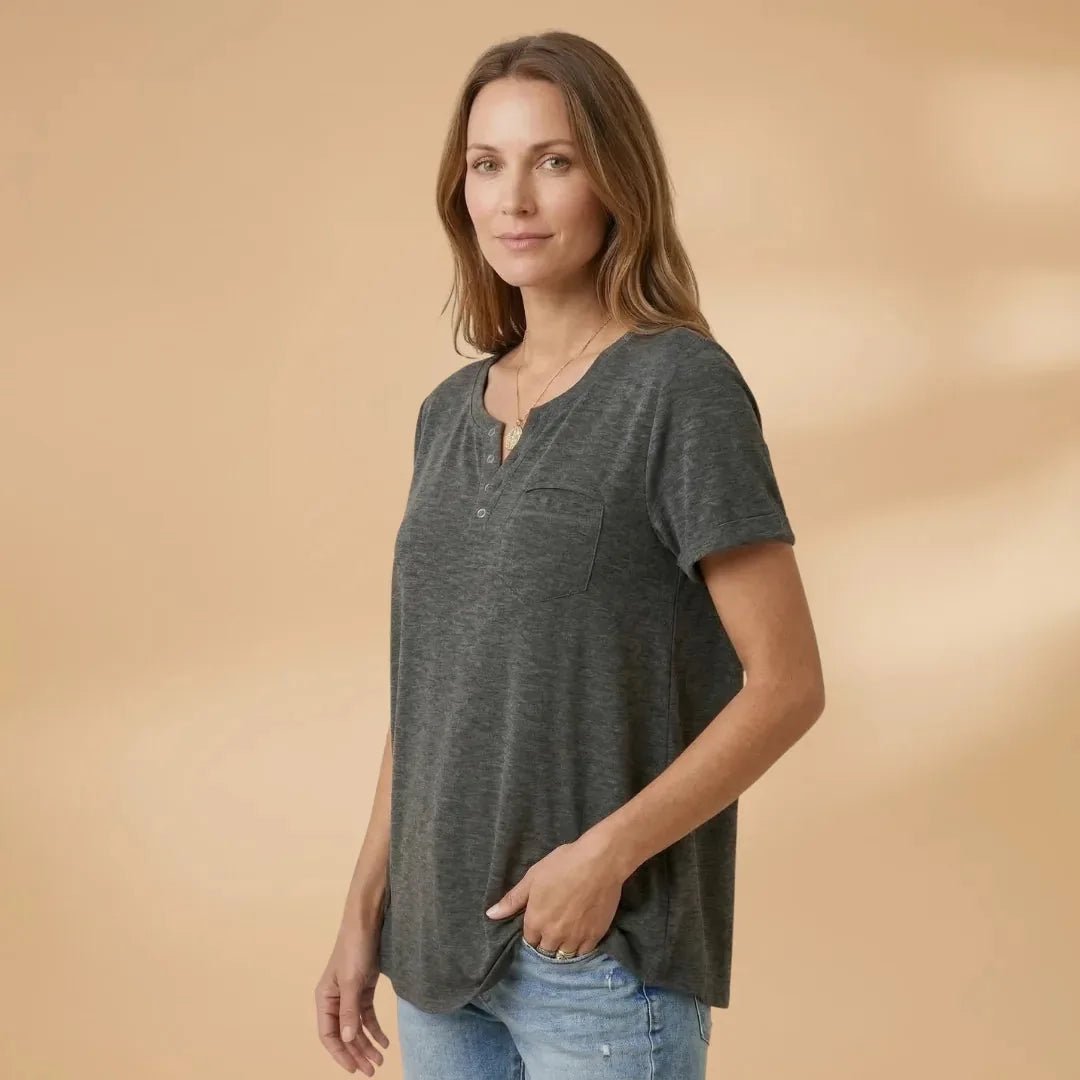Vivienne | Short Sleeve Henley T-Shirt with Pocket Detail - Dark Gray - 2