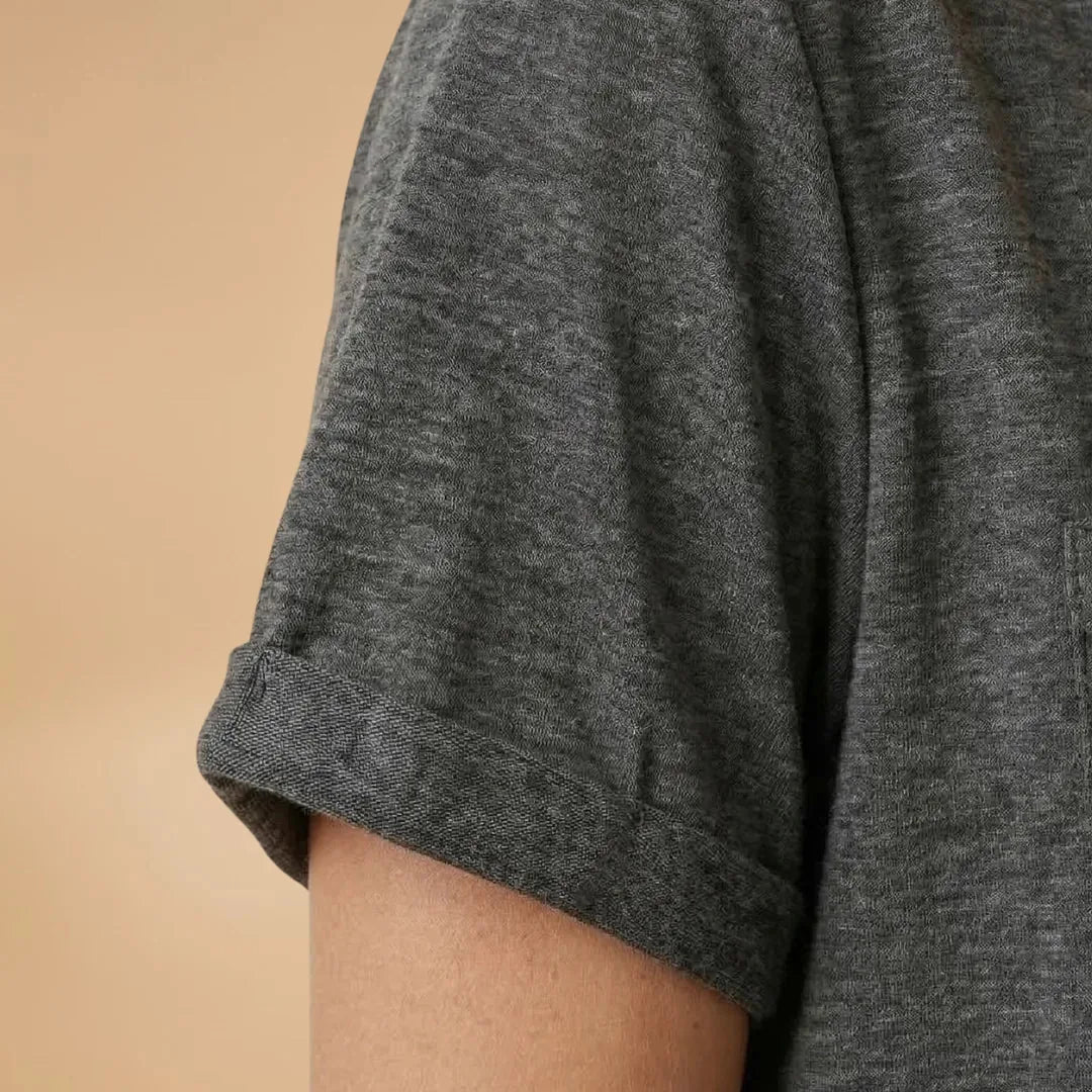Vivienne | Short Sleeve Henley T-Shirt with Pocket Detail - Dark Gray - 5