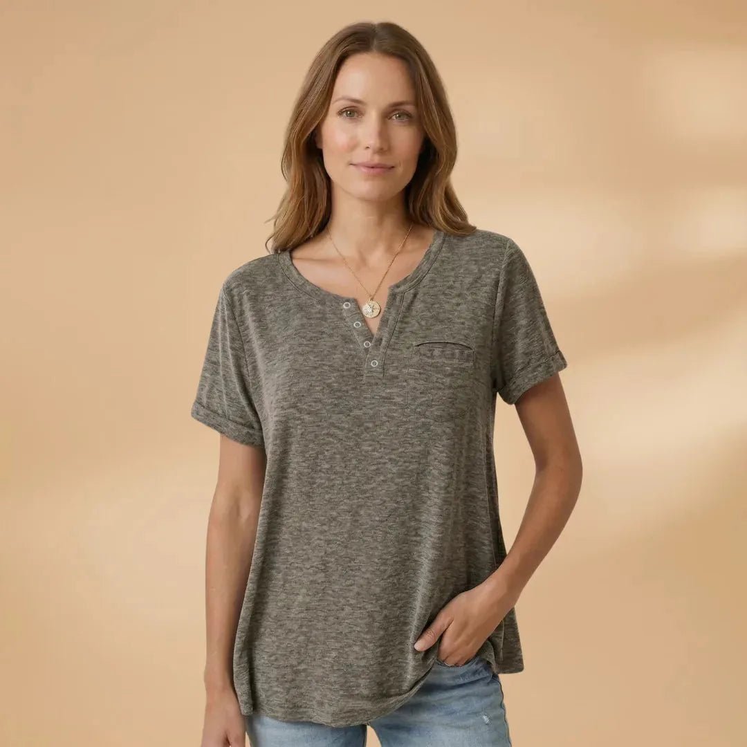 Vivienne | Short Sleeve Henley T-Shirt with Pocket Detail - Dark Green - 13