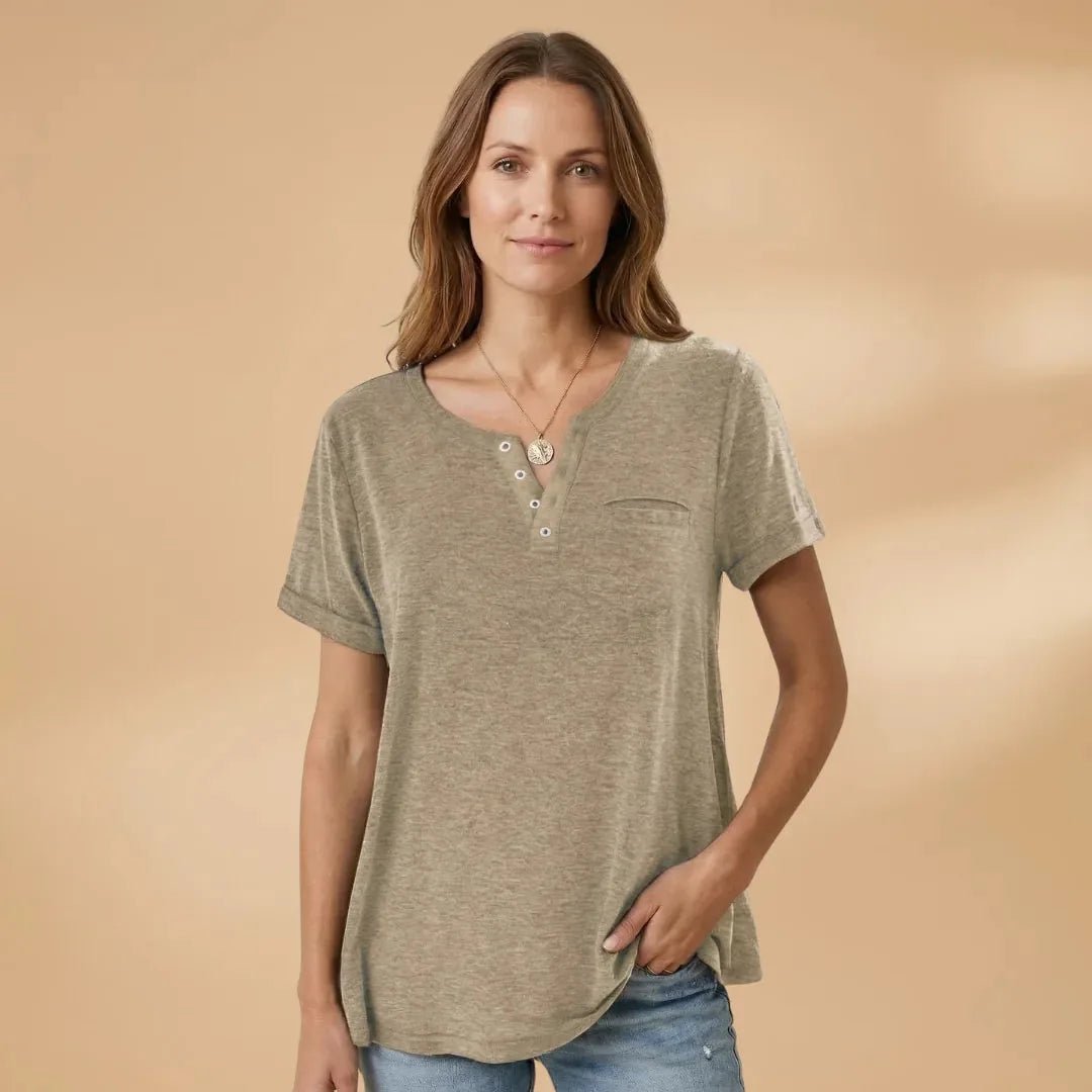 Vivienne | Short Sleeve Henley T-Shirt with Pocket Detail - Light Green - 10