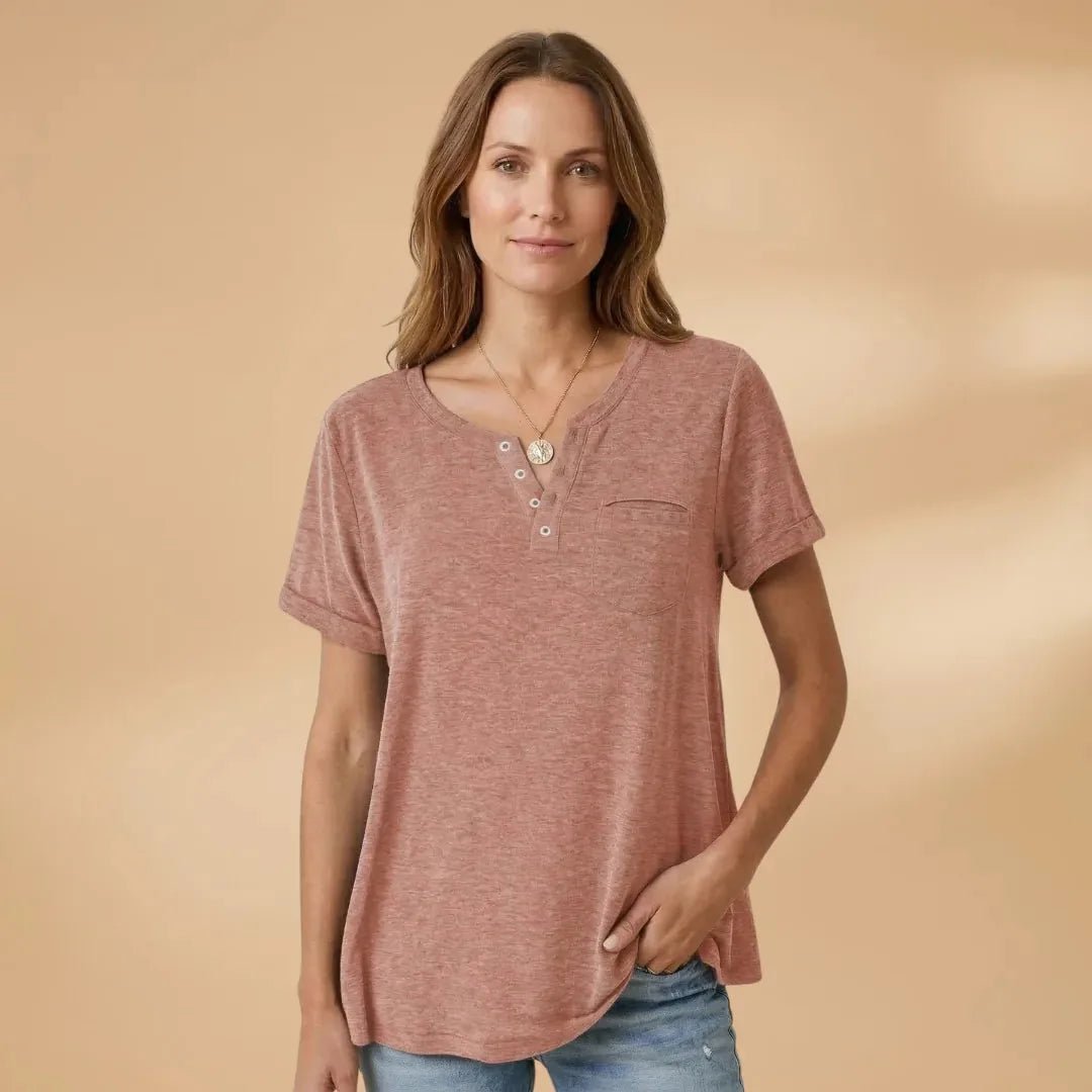 Vivienne | Short Sleeve Henley T-Shirt with Pocket Detail - Light Pink - 8