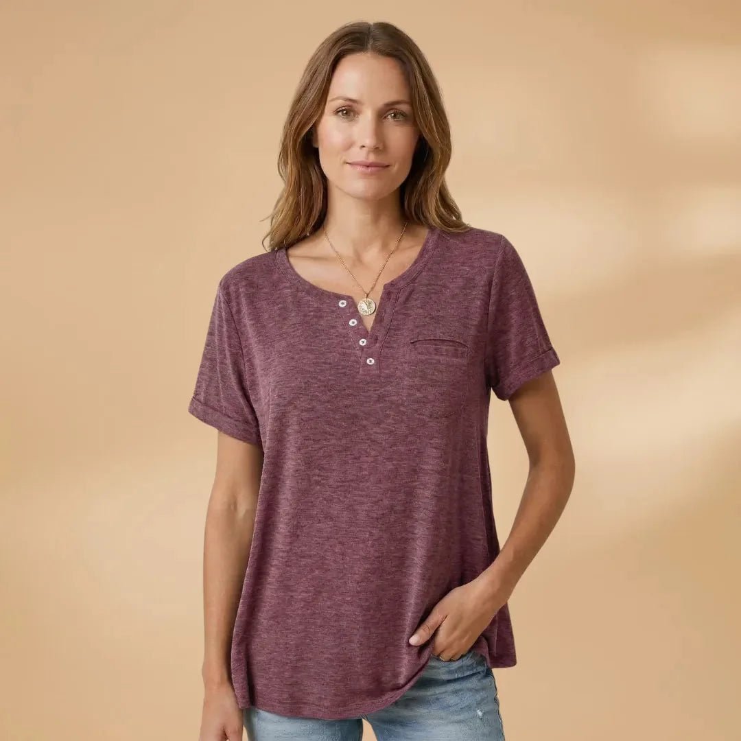 Vivienne | Short Sleeve Henley T-Shirt with Pocket Detail - Purple - 7