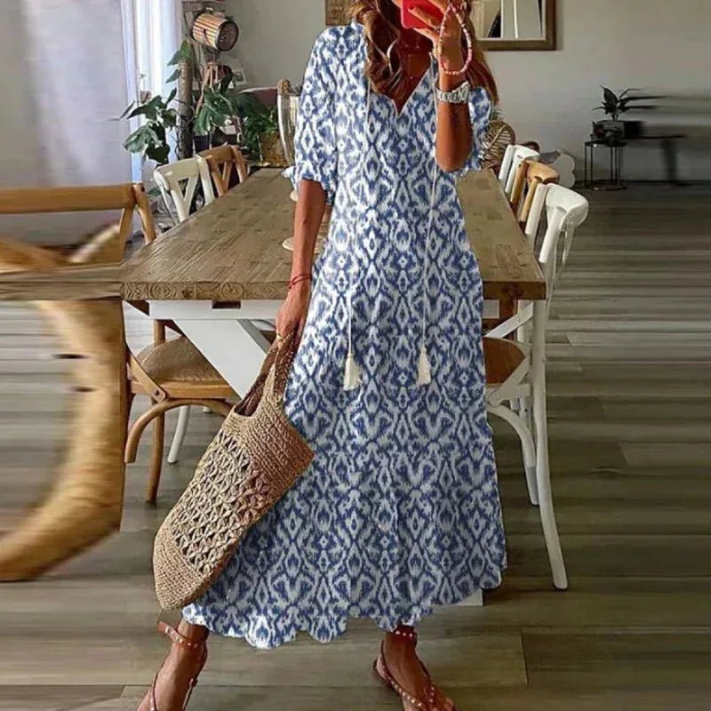 Serena | Chic Floral Print Short Sleeve Maxi Dress - Blue - 3