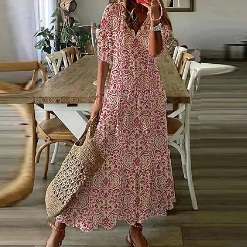 Serena | Chic Floral Print Short Sleeve Maxi Dress - Pink - 5