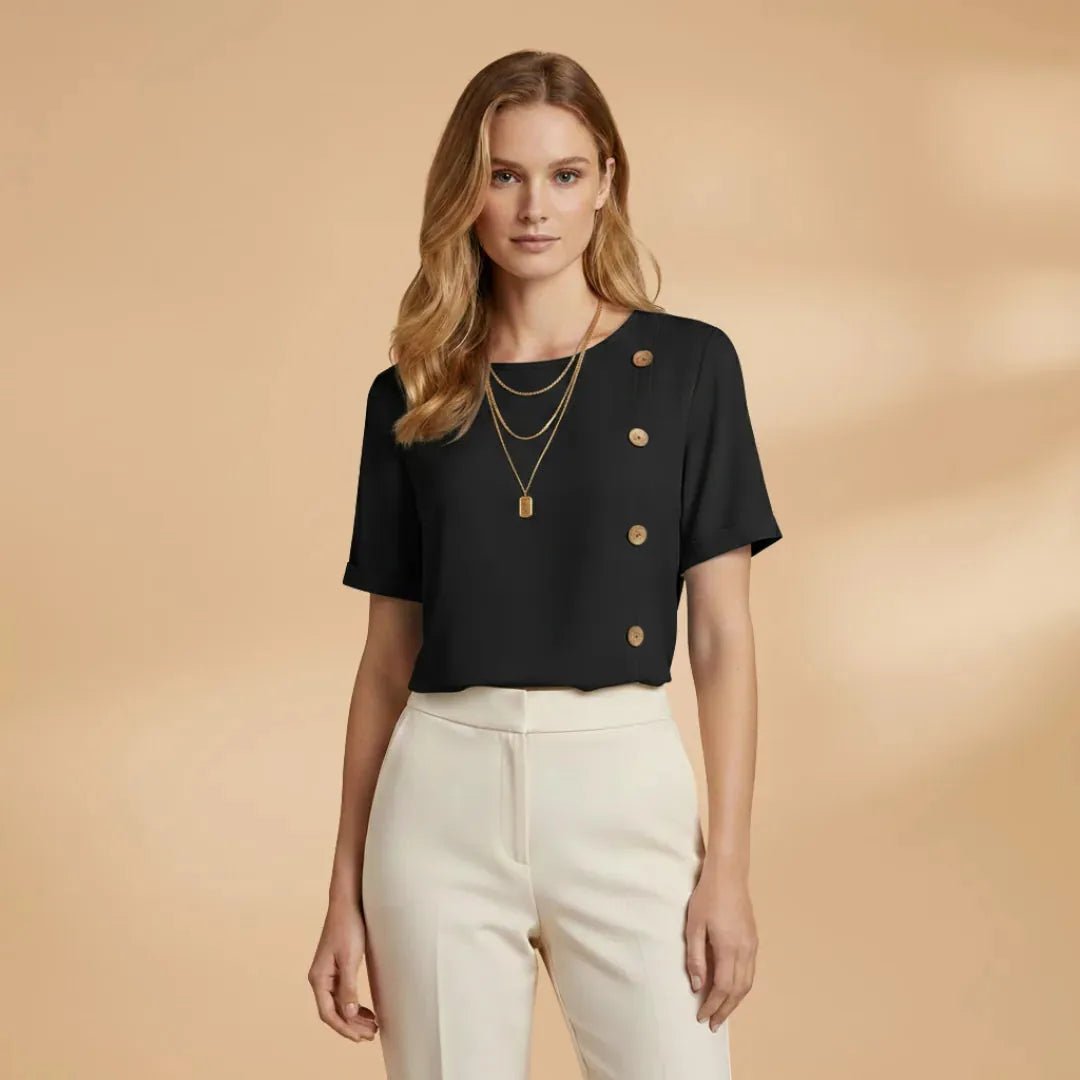 Coralie | Stylish Short Sleeve Blouse with Side Buttons - Black - 9