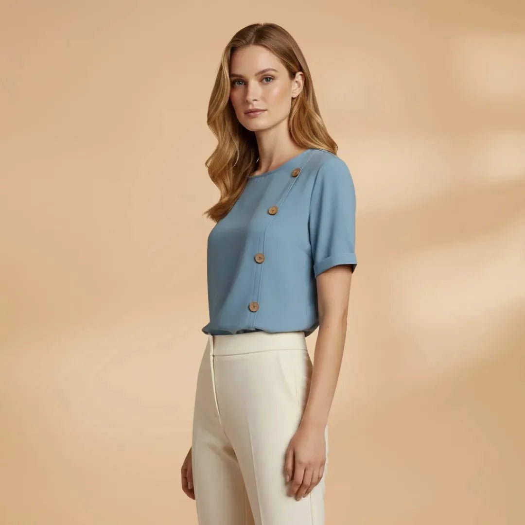 Coralie | Stylish Short Sleeve Blouse with Side Buttons - Blue - 6