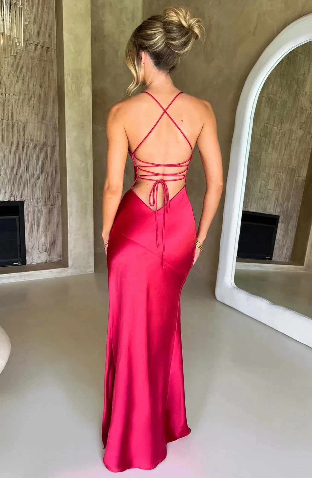 Hot Pink Women's Silk V-Neck High Slit Dress — Eilidh Lace-Up Backless - Back Corset