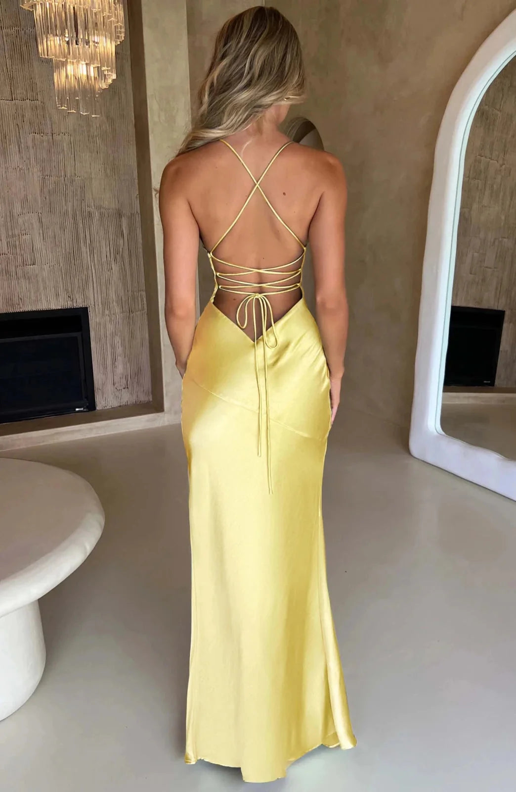 Yellow Women's Silk V-Neck High Slit Dress — Eilidh Lace-Up Backless - Back Lacing