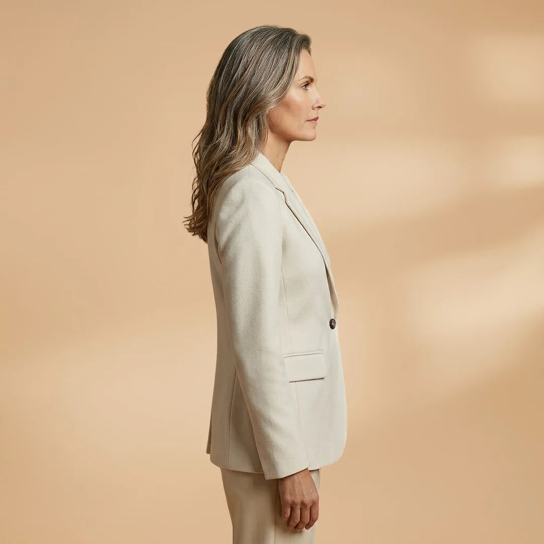 White Women's Single-Button Blazer — Harper Professional Tailored Flap Pocket - Side Pose