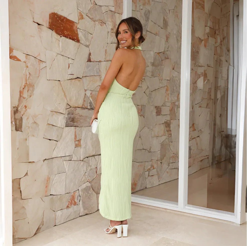 Diana | Sleek Halter Wedding Guest Midi Dress With Slit - Light Green - 4