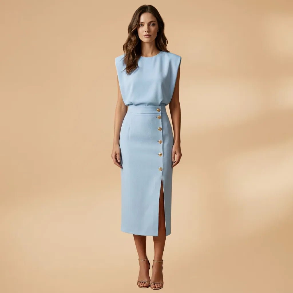 Emma | Sleeveless Button Front Midi Dress - Light Blue - 8