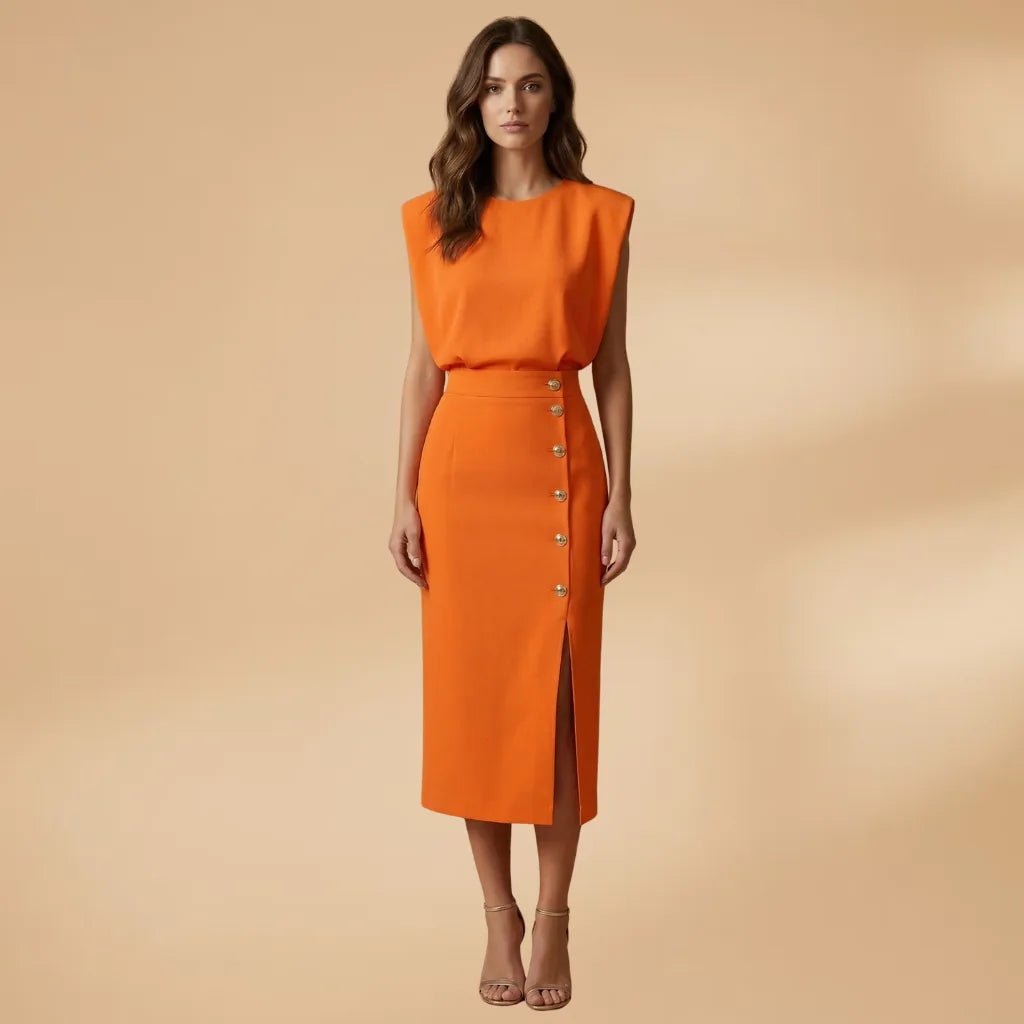 Emma | Sleeveless Button Front Midi Dress - Orange - 12