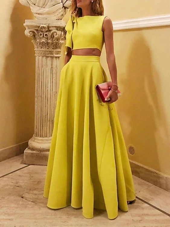 Yellow Women's Sleeveless Evening Dress — Aurora A-Line Formal Floor-Length - Front Full