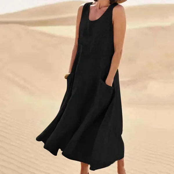 Black Women's Sleeveless Midi Summer Dress — Lillian Pockets Comfortable Casual - Full Length