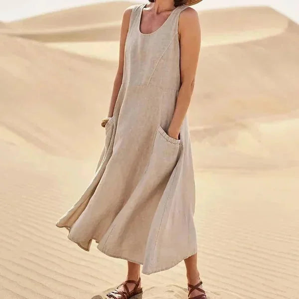 Brown Women's Sleeveless Midi Summer Dress — Lillian Pockets Comfortable Casual - Flowing Movement
