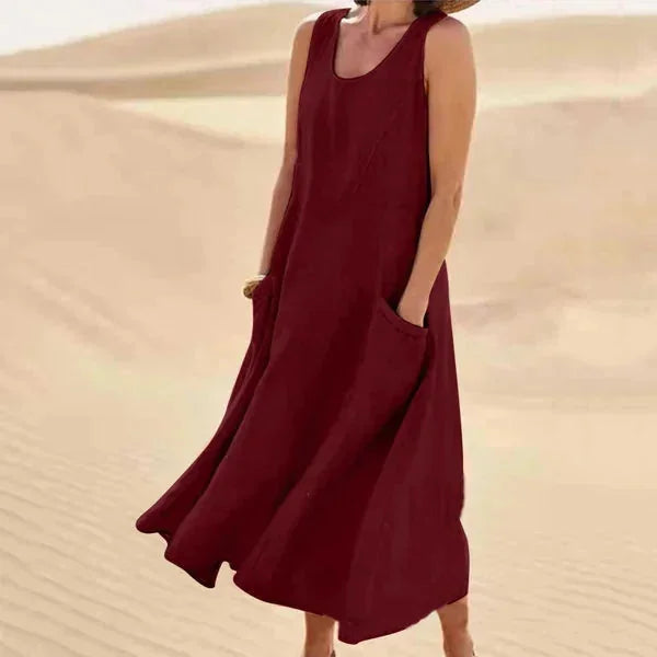 Dark Women's Sleeveless Midi Summer Dress — Lillian Pockets Comfortable Casual - Red Desert Backdrop