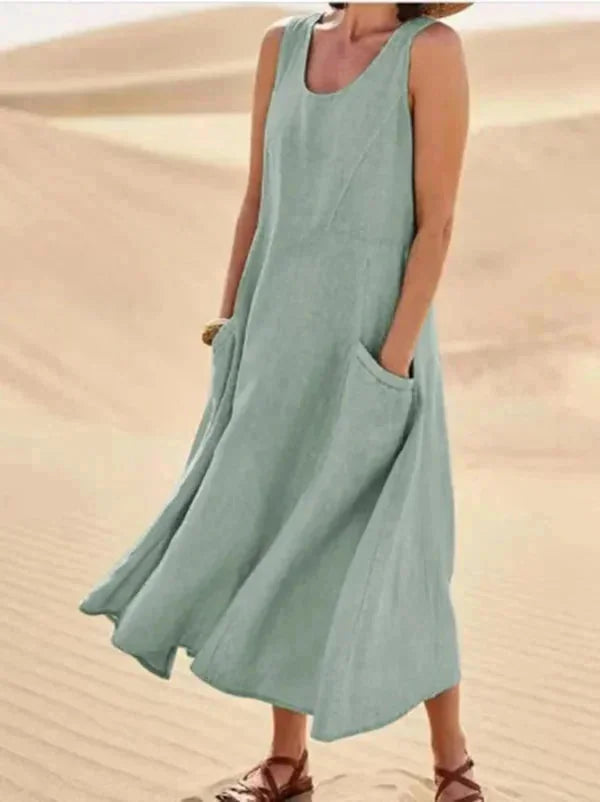 Forest Green Women's Sleeveless Midi Summer Dress — Lillian Pockets Comfortable Casual - Model Standing
