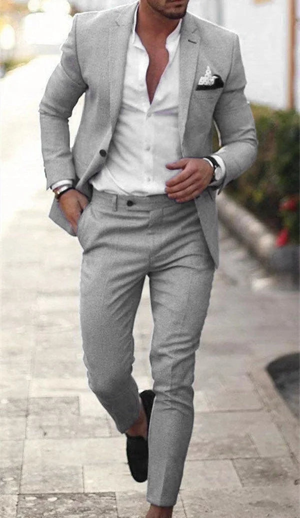 Light Gray Men's Slim Fit Two Piece Suit - Studio Walking