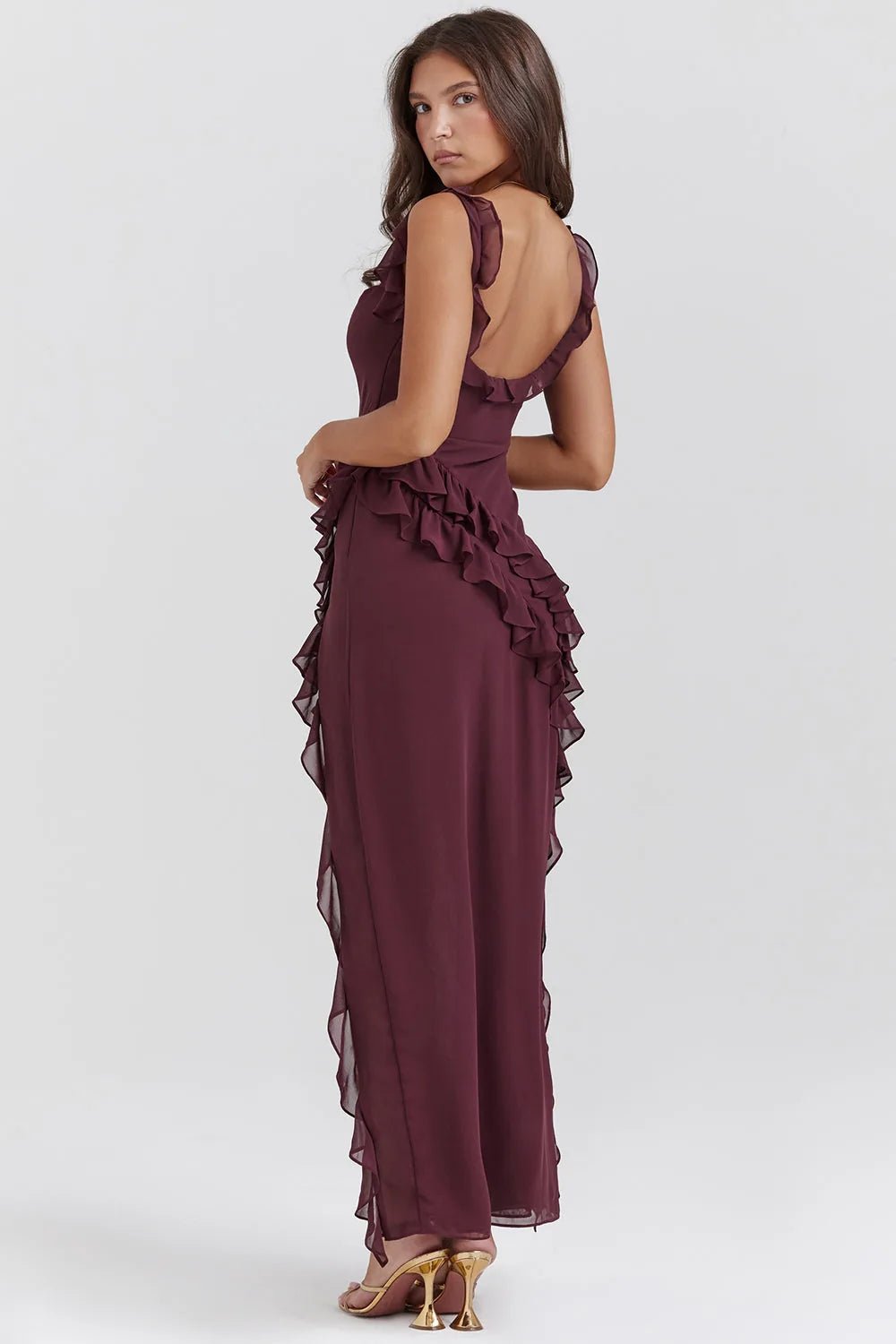 Lily | Elegant Ruffle Dress with Square Neck and High Slit - Burgundy - 4