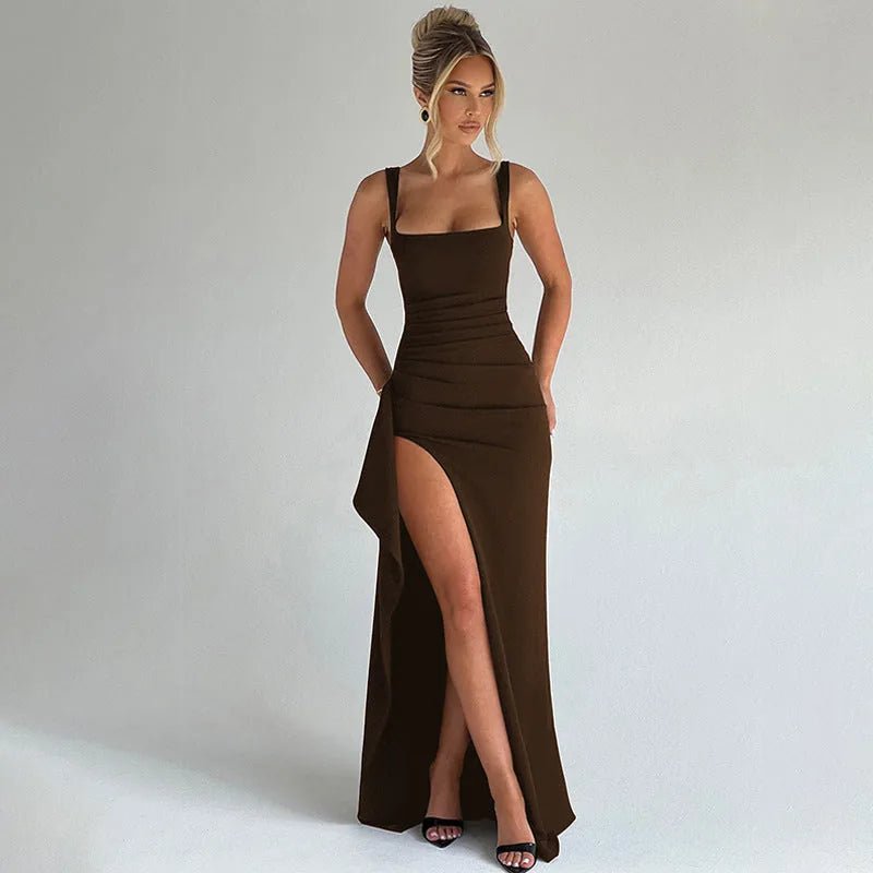 Clara | Elegant Square Neck Wedding Guest Dress With High Slit - Brown - 4