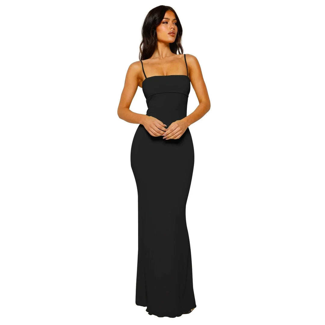 Black Women's Strapless Backless Maxi Dress — Cherry Cut-Out Bodycon Evening - Front Pose