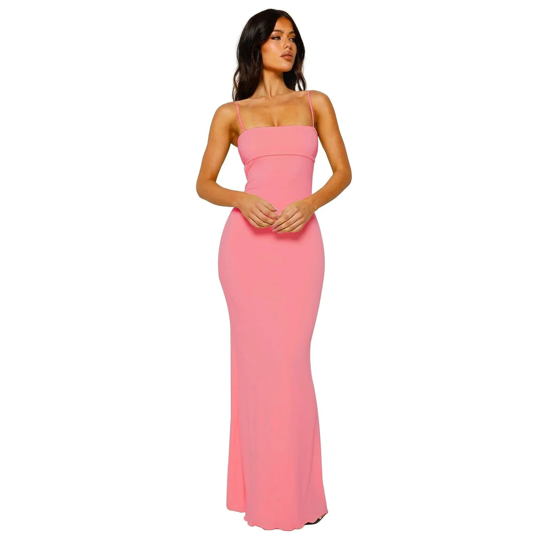 Pink Women's Strapless Backless Maxi Dress — Cherry Cut-Out Bodycon Evening - Front Standing