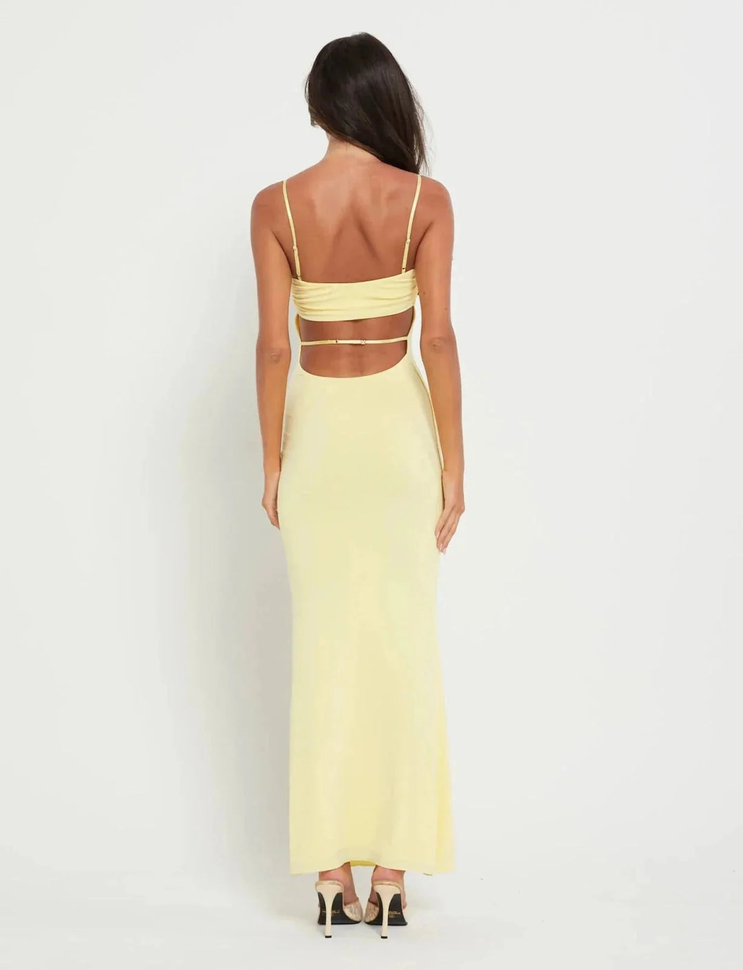 Yellow Women's Strapless Backless Maxi Gown — Lina Cut-Out Elegant Evening - Back Detail