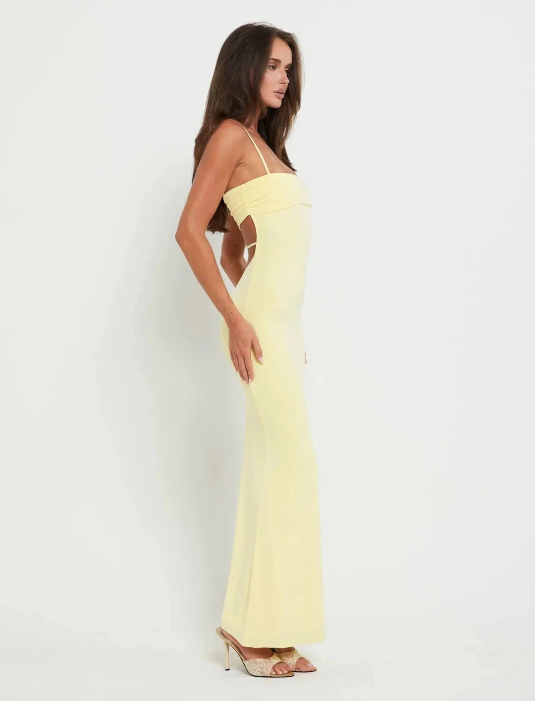 Yellow Women's Strapless Backless Maxi Gown — Lina Cut-Out Elegant Evening - Side Pose