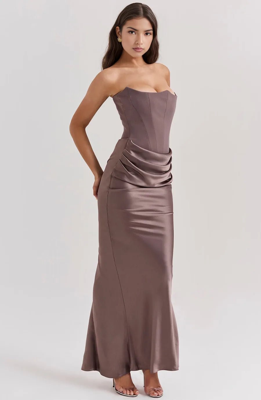 Elena | Elegant Strapless Wedding Guest Dress with Corset Bodice - Brown - 6