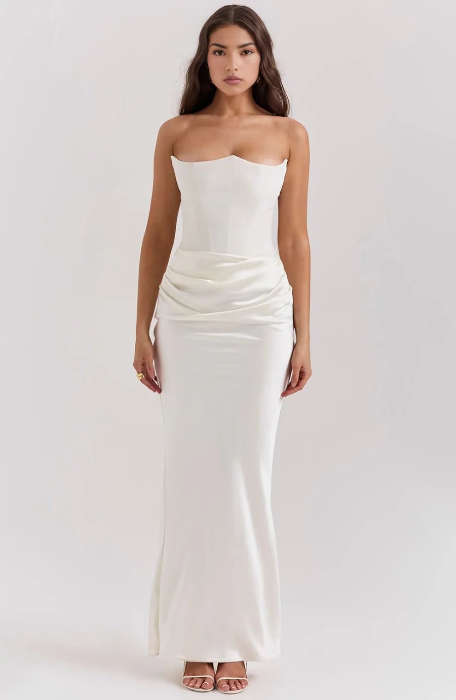 Elena | Elegant Strapless Wedding Guest Dress with Corset Bodice - White - 7