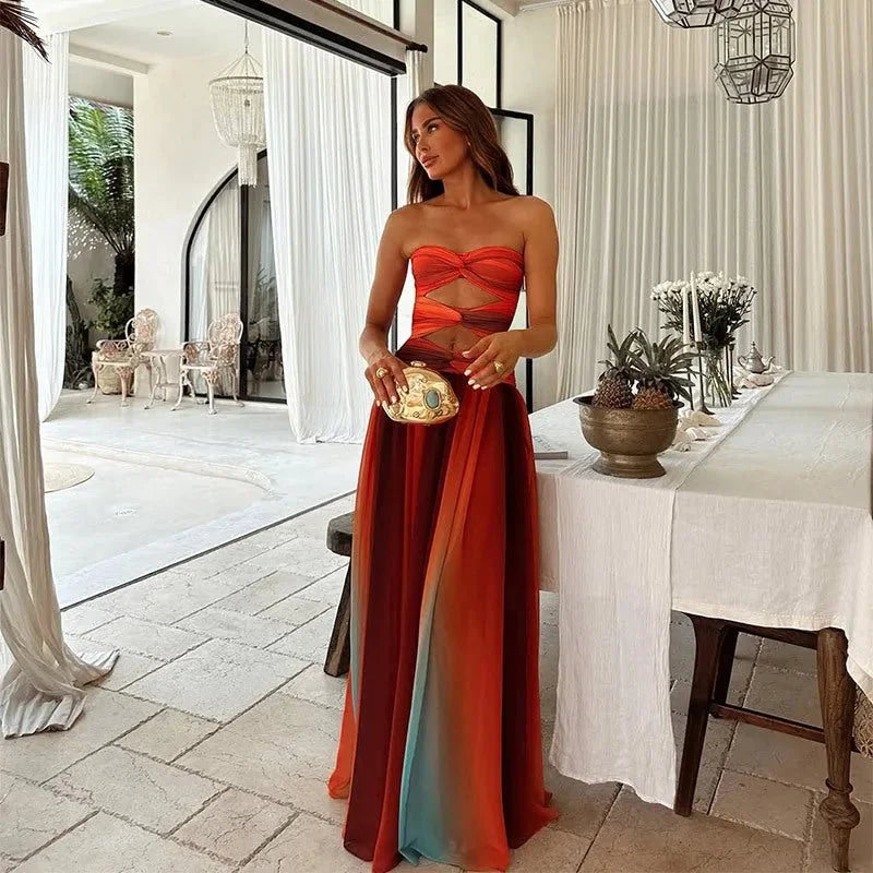 Red Women's Strapless Cutout Maxi Dress — Abby Sunset Ombre Evening - Front Pose