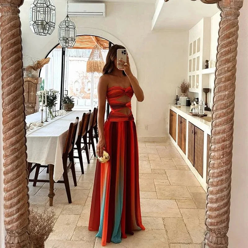 Red Women's Strapless Cutout Maxi Dress — Abby Sunset Ombre Evening - Mirror Selfie