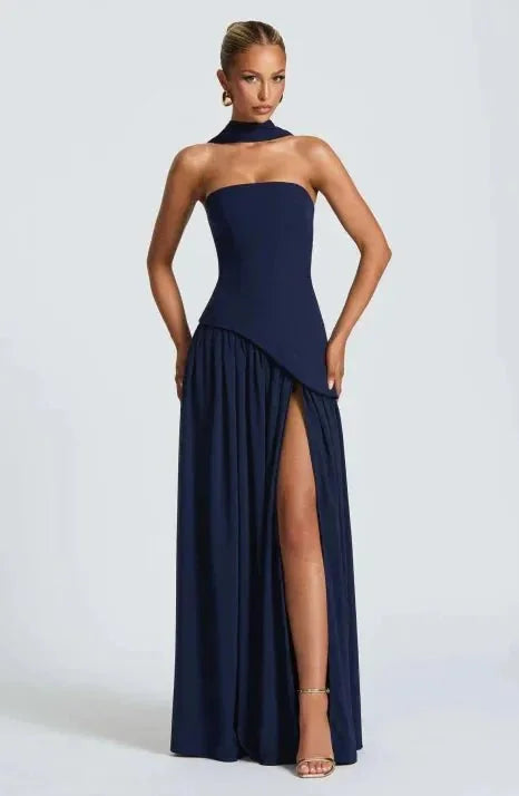 Navy Blue Women's Strapless Halter Neck Wedding Guest Dress — Ellen Asymmetric Slit Maxi - Studio Pose