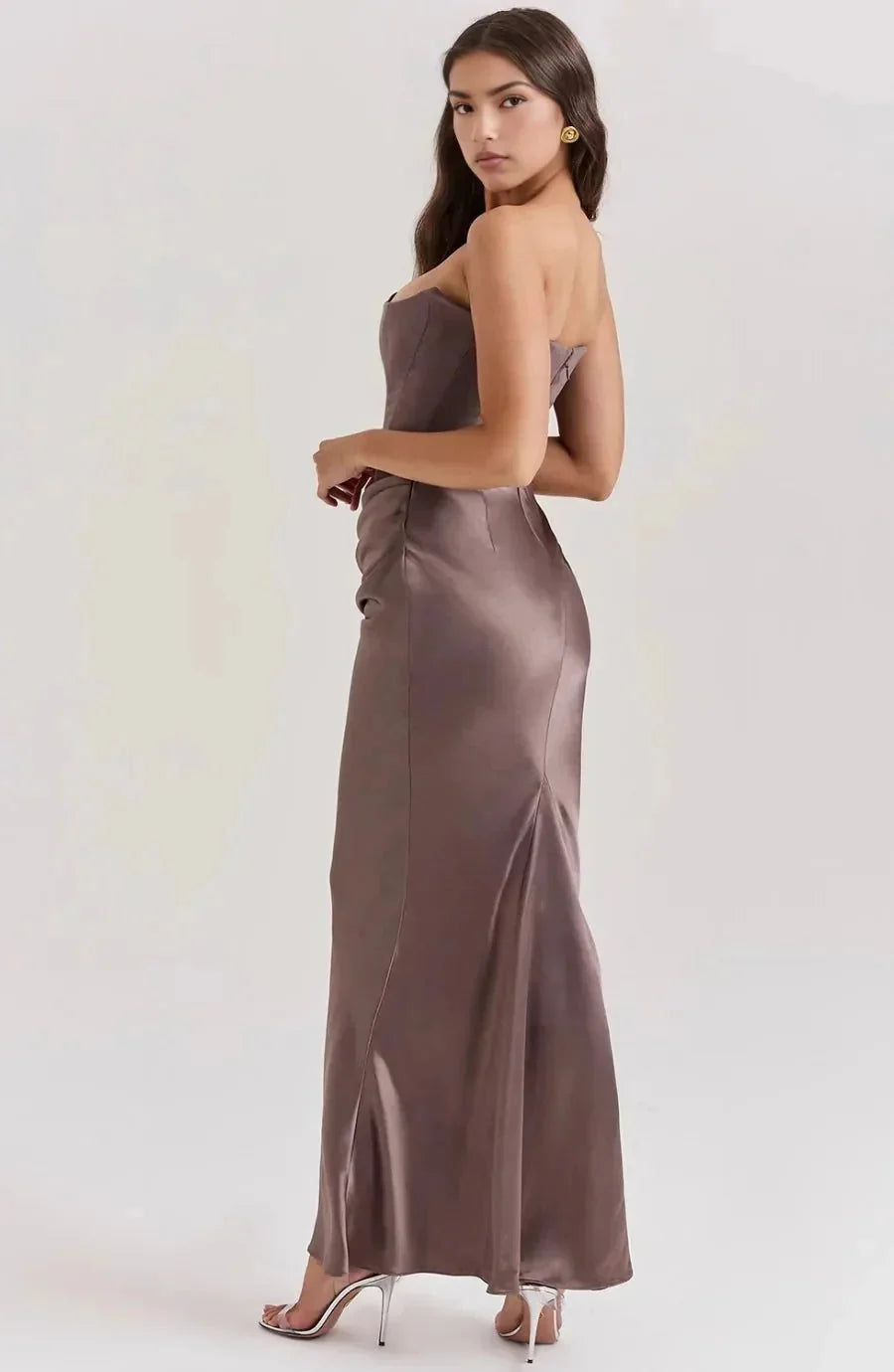 Brown Women's Strapless Ruched Midi Dress — Violetta Bustier Wedding Guest - Side Angle