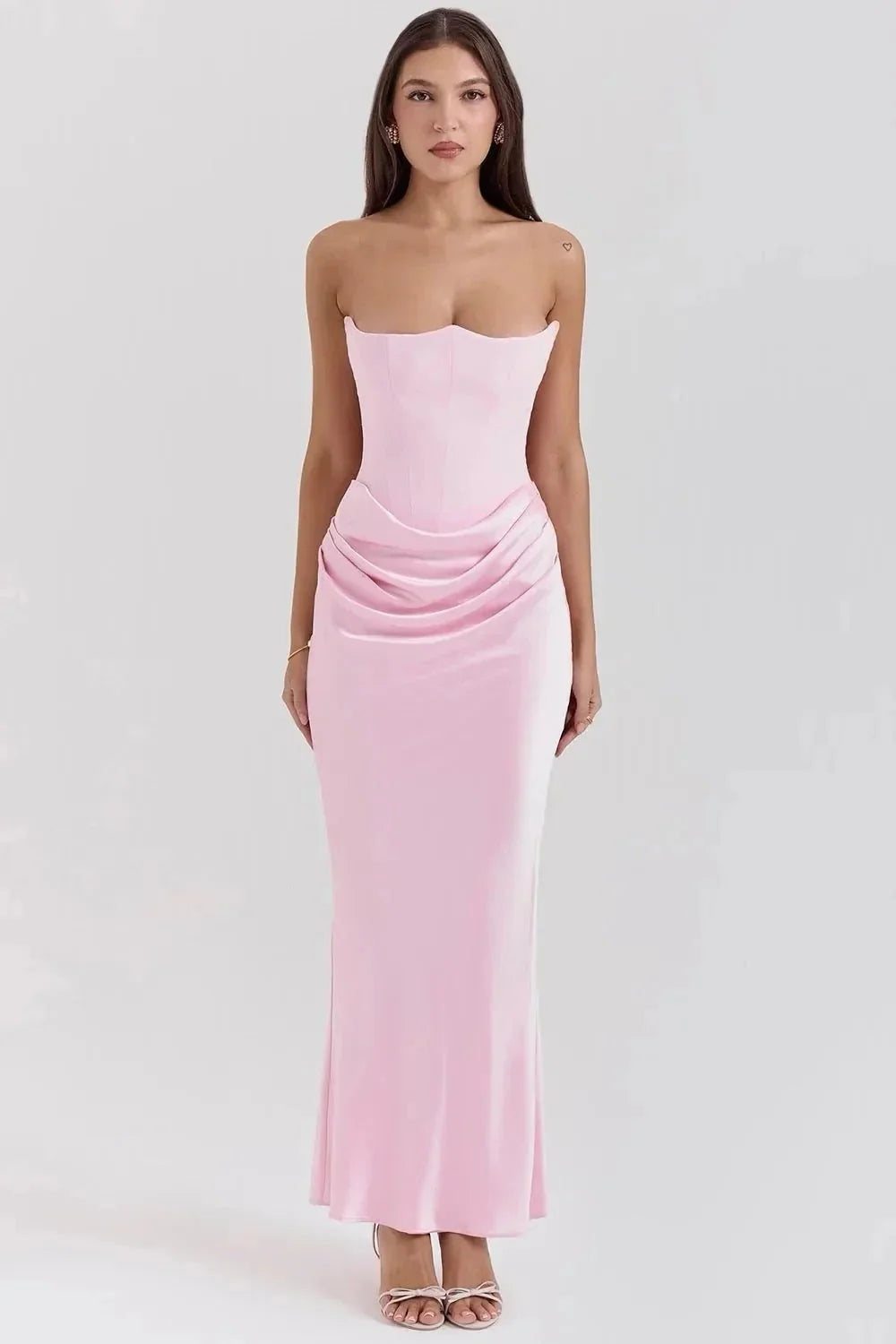 Pink Women's Strapless Ruched Midi Dress — Violetta Bustier Wedding Guest - Front Full