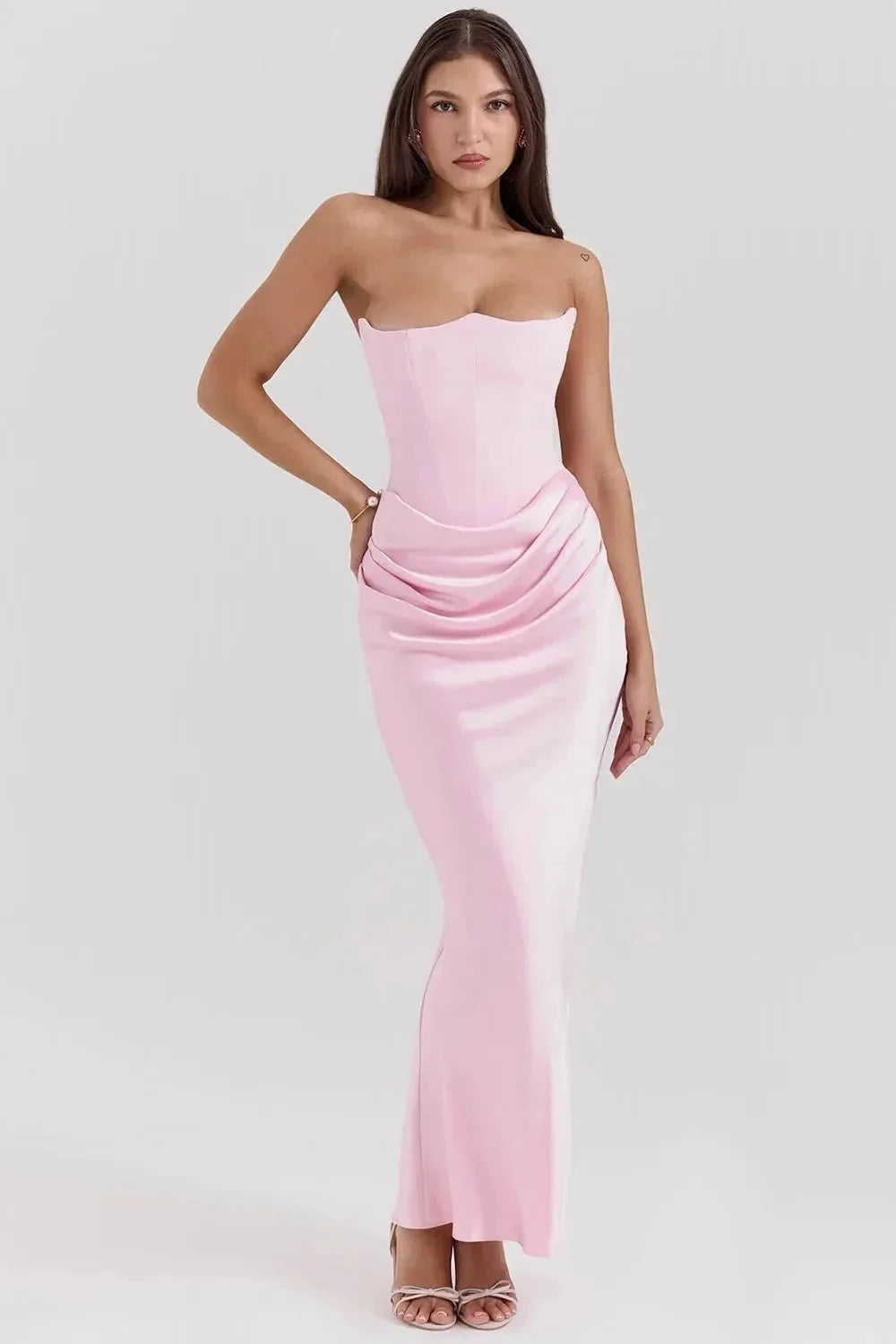 Pink Women's Strapless Ruched Midi Dress — Violetta Bustier Wedding Guest - Front Pose