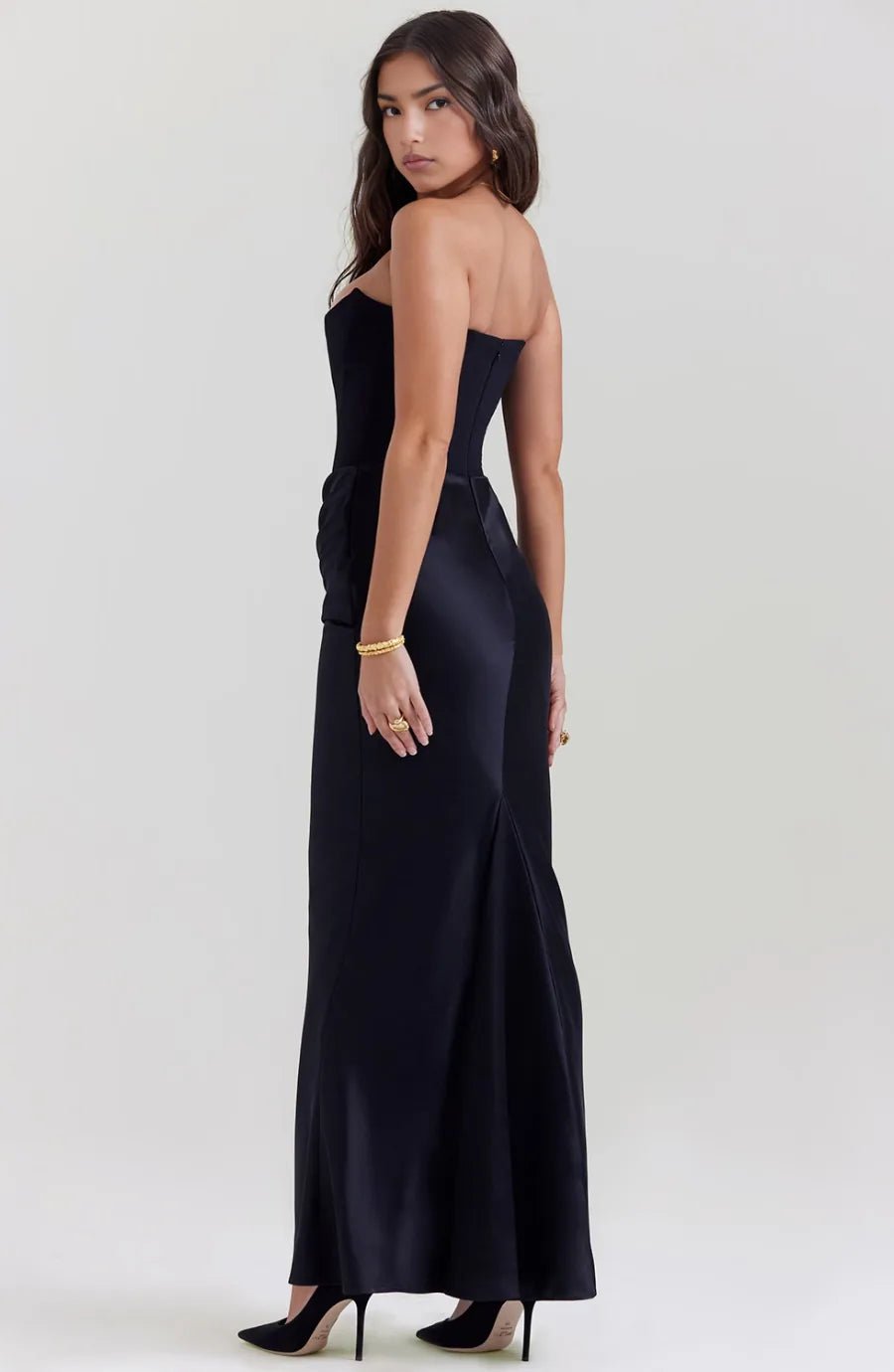 Ruby | Elegant Strapless Satin Maxi Dress with Sweetheart Neckline - Black - 9